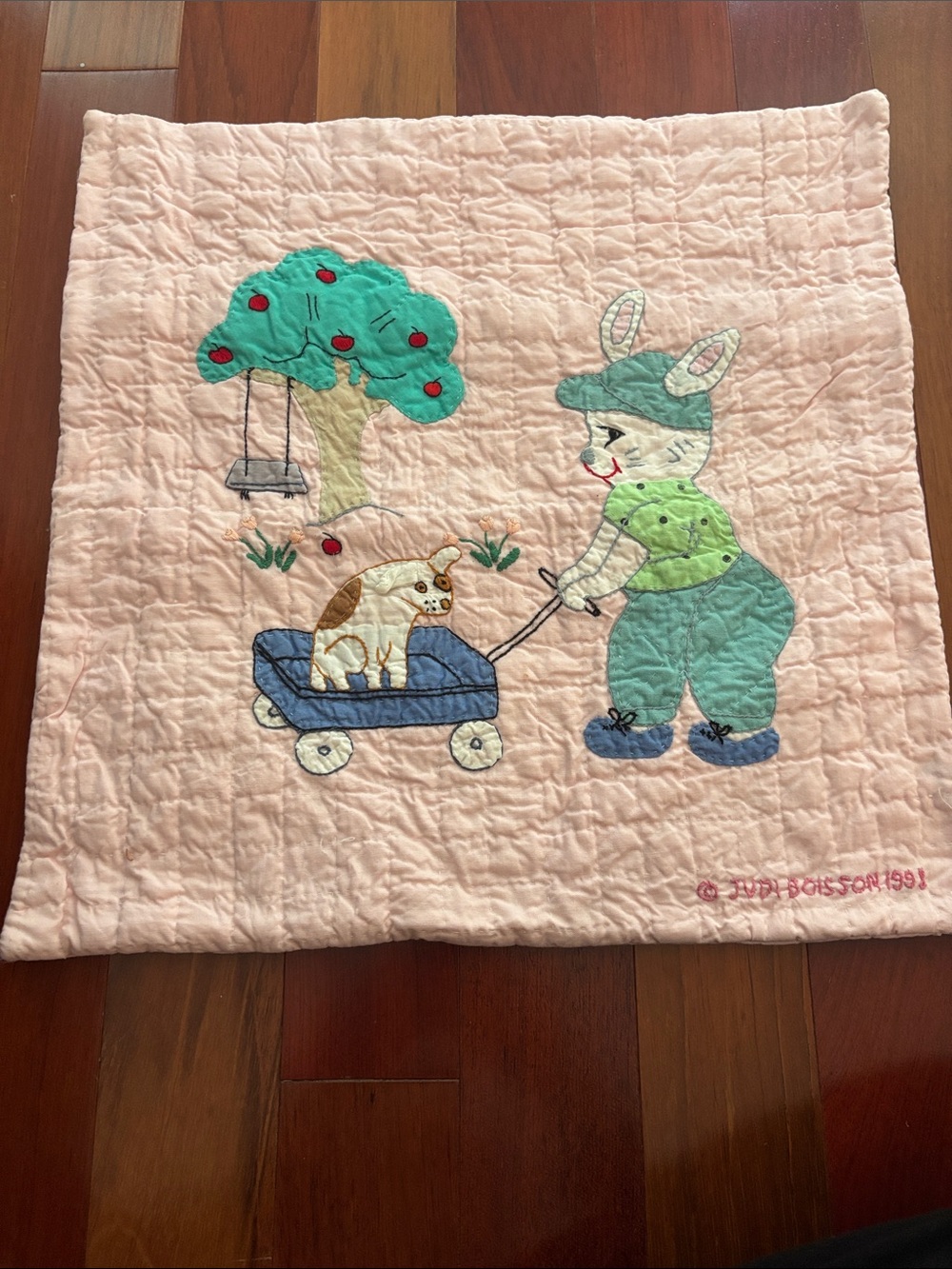 Kids Quilted Play Pillow Cover with Bunny and Wagon Design - Pink / Green